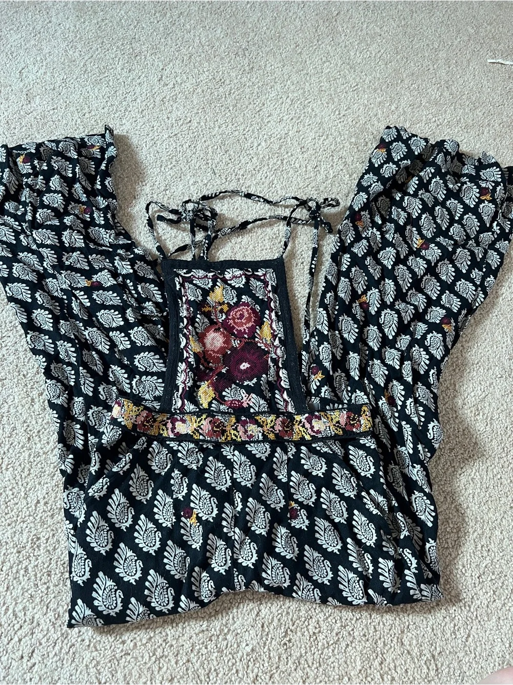 Anthropologie Overalls with White Paisley and Yellow-Pink Floral Accents